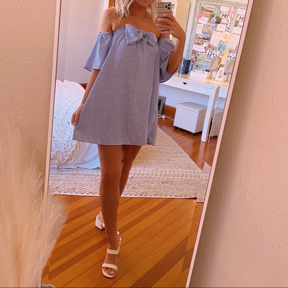 She + Sky Pinstripe Bow Dress